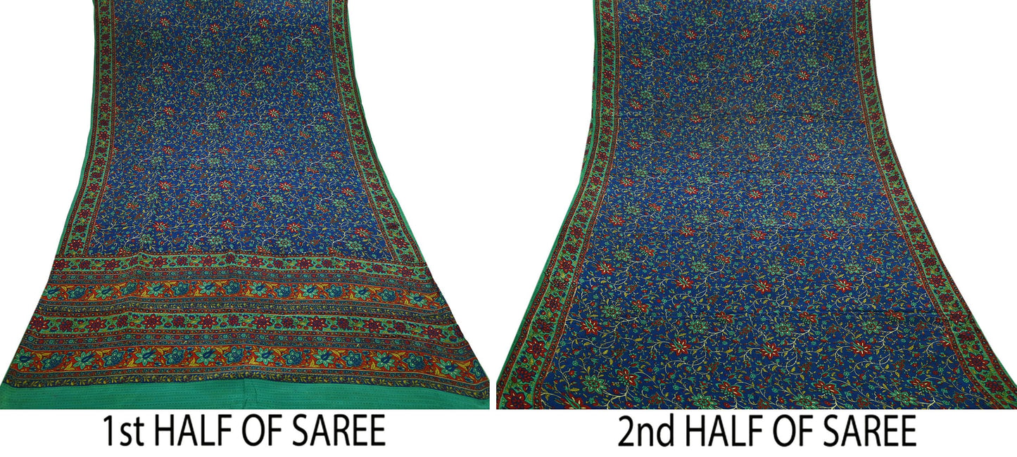 Indian Vintage Sari Blue & Green Pure Crepe Silk Printed Saree 5yard Sewing Quilting Floral Soft Craft Fabric Wrap