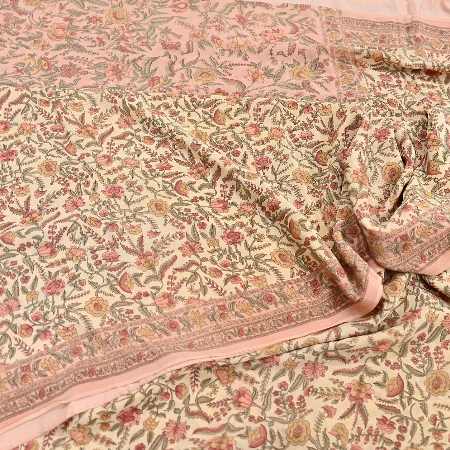 Indian Vintage Sari Beige & Peach Pure Crepe Silk Printed Saree 5yard Sewing Quilting Floral Soft Craft Fabric Wrap