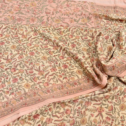 Indian Vintage Sari Beige & Peach Pure Crepe Silk Printed Saree 5yard Sewing Quilting Floral Soft Craft Fabric Wrap