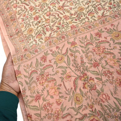 Indian Vintage Sari Beige & Peach Pure Crepe Silk Printed Saree 5yard Sewing Quilting Floral Soft Craft Fabric Wrap