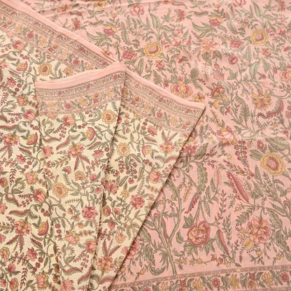 Indian Vintage Sari Beige & Peach Pure Crepe Silk Printed Saree 5yard Sewing Quilting Floral Soft Craft Fabric Wrap