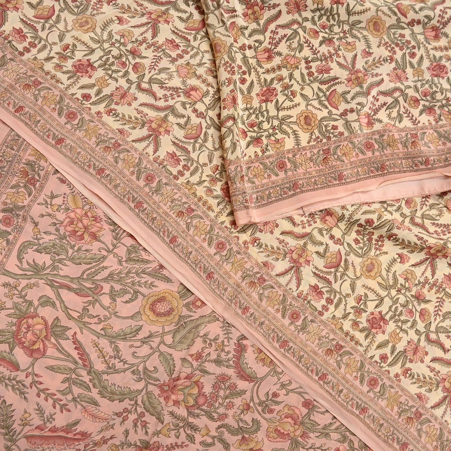 Indian Vintage Sari Beige & Peach Pure Crepe Silk Printed Saree 5yard Sewing Quilting Floral Soft Craft Fabric Wrap