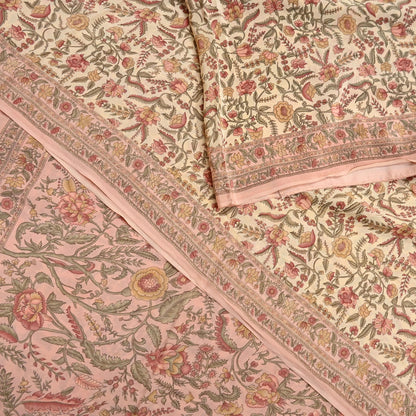 Indian Vintage Sari Beige & Peach Pure Crepe Silk Printed Saree 5yard Sewing Quilting Floral Soft Craft Fabric Wrap