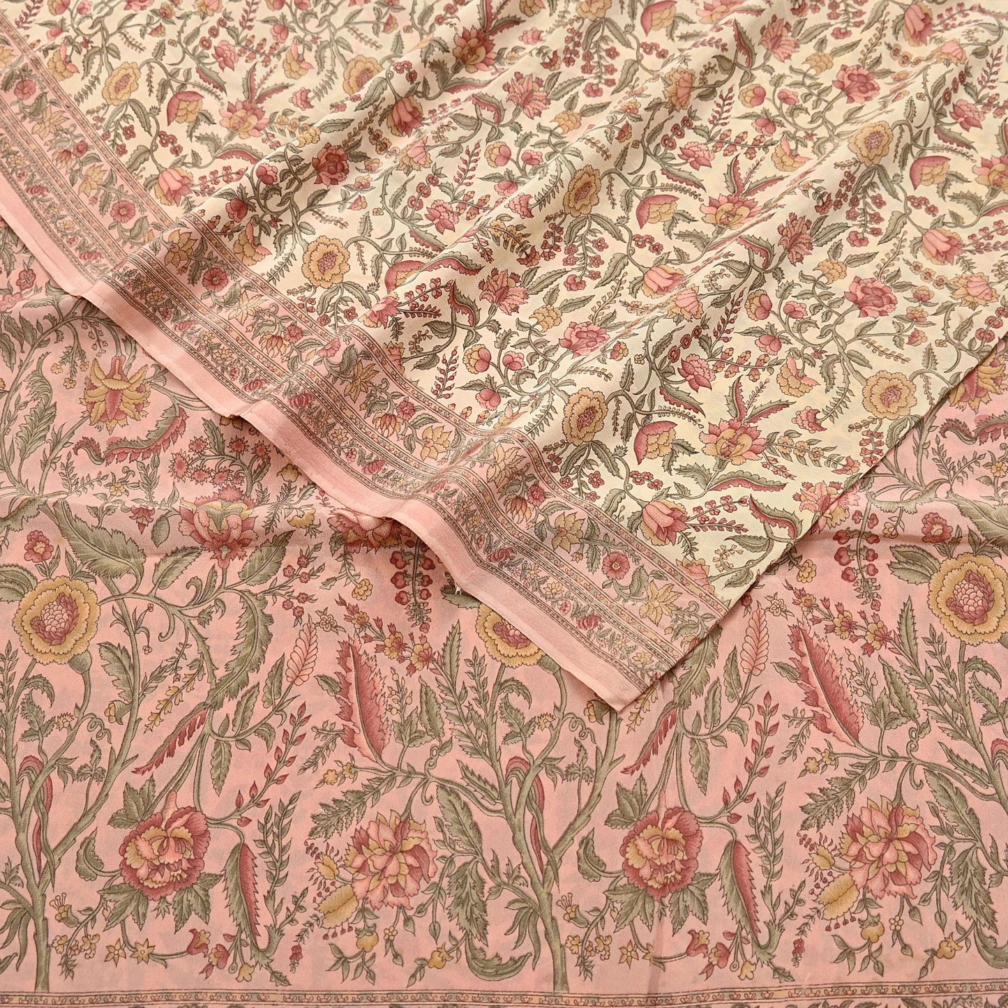 Indian Vintage Sari Beige & Peach Pure Crepe Silk Printed Saree 5yard Sewing Quilting Floral Soft Craft Fabric Wrap
