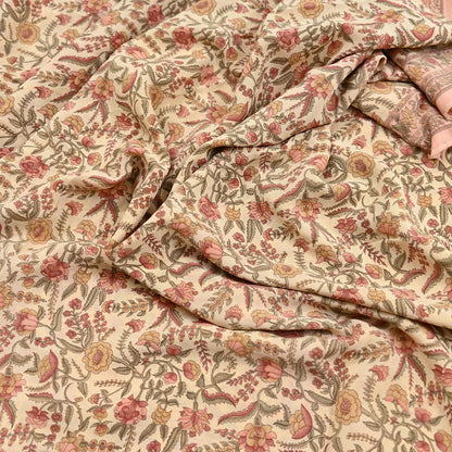 Indian Vintage Sari Beige & Peach Pure Crepe Silk Printed Saree 5yard Sewing Quilting Floral Soft Craft Fabric Wrap