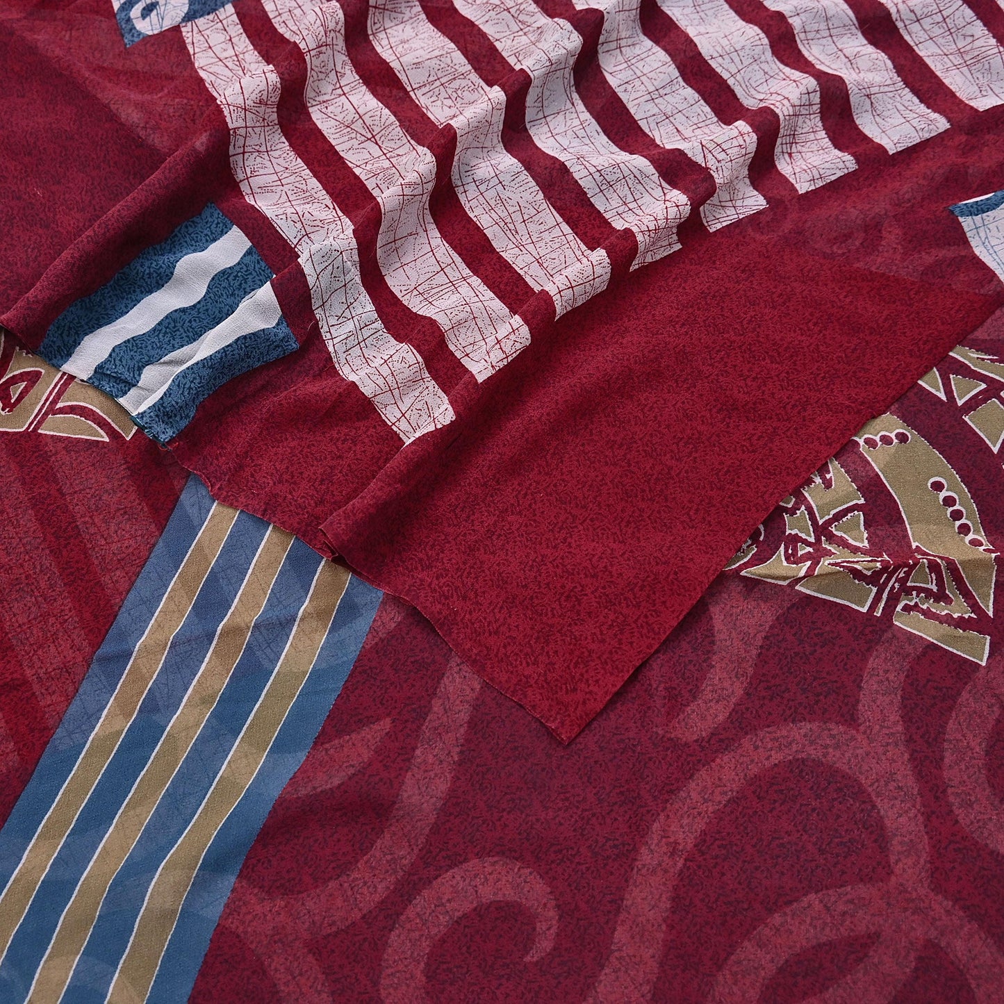 Women Vintage Sari Maroon Pure Georgette Silk Printed Saree Craft Fabric Sewing 5Yard Soft Light Dress Making  Dress making Crafting