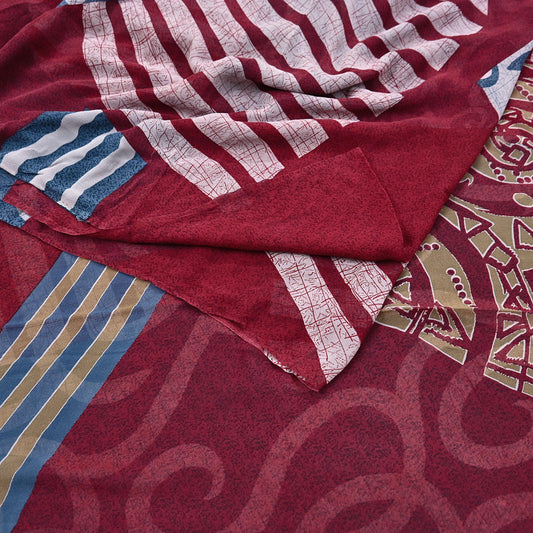 Women Vintage Sari Maroon Pure Georgette Silk Printed Saree Craft Fabric Sewing 5Yard Soft Light Dress Making  Dress making Crafting