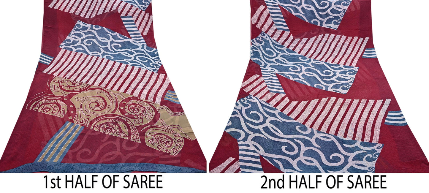 Women Vintage Sari Maroon Pure Georgette Silk Printed Saree Craft Fabric Sewing 5Yard Soft Light Dress Making  Dress making Crafting