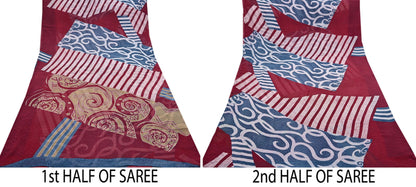 Women Vintage Sari Maroon Pure Georgette Silk Printed Saree Craft Fabric Sewing 5Yard Soft Light Dress Making  Dress making Crafting