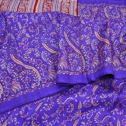 Indian Vintage Red & Purple Pure Silk Printed Saree 5Yards Soft Floral Fabric for Dressmaking, Quilting, Crafting, Sewing, Dress Making