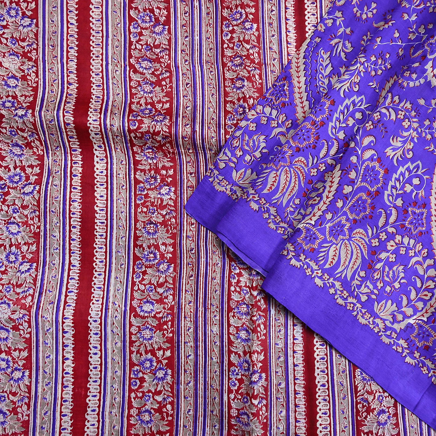 Indian Vintage Red & Purple Pure Silk Printed Saree 5Yards Soft Floral Fabric for Dressmaking, Quilting, Crafting, Sewing, Dress Making