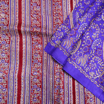 Indian Vintage Red & Purple Pure Silk Printed Saree 5Yards Soft Floral Fabric for Dressmaking, Quilting, Crafting, Sewing, Dress Making