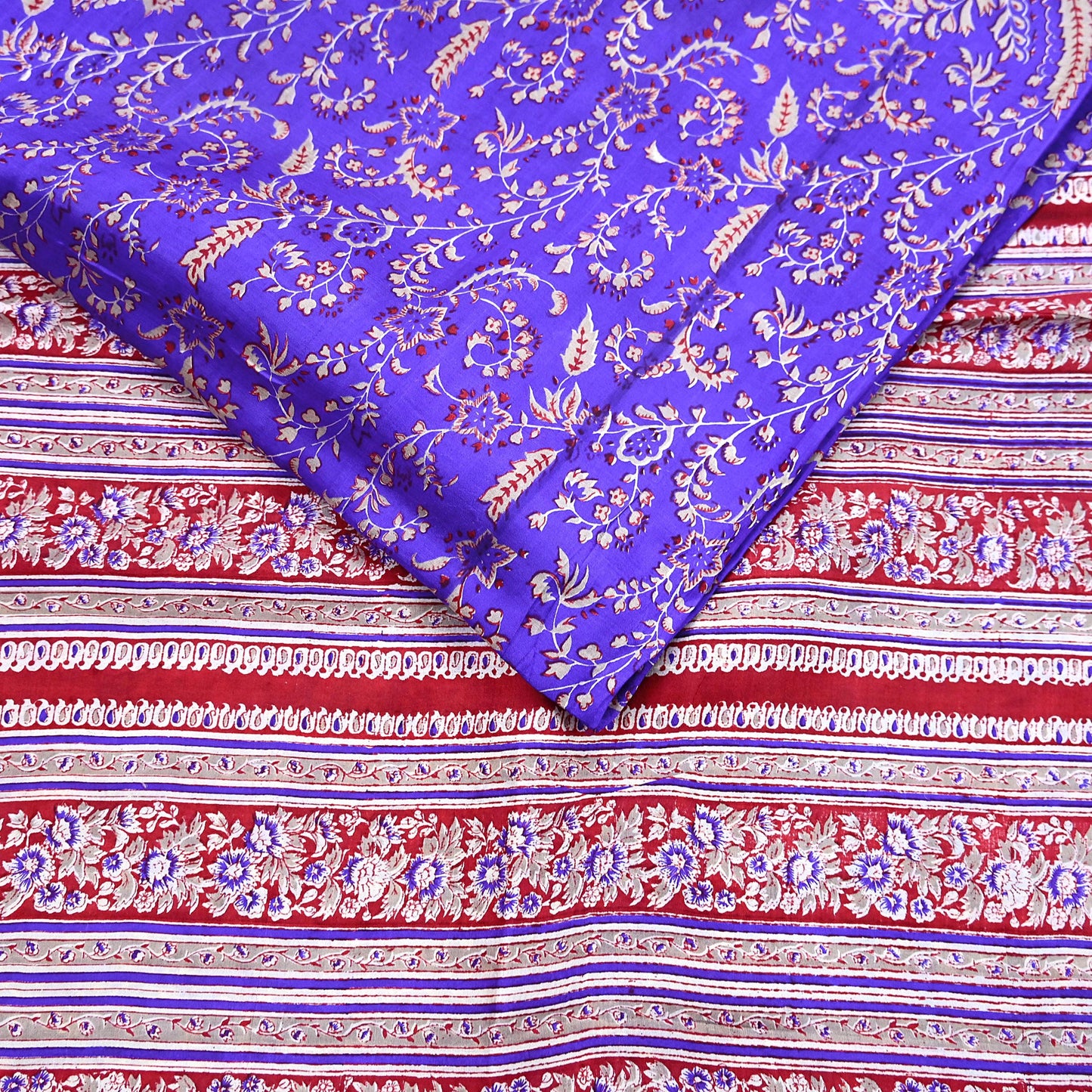 Indian Vintage Red & Purple Pure Silk Printed Saree 5Yards Soft Floral Fabric for Dressmaking, Quilting, Crafting, Sewing, Dress Making