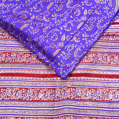 Indian Vintage Red & Purple Pure Silk Printed Saree 5Yards Soft Floral Fabric for Dressmaking, Quilting, Crafting, Sewing, Dress Making