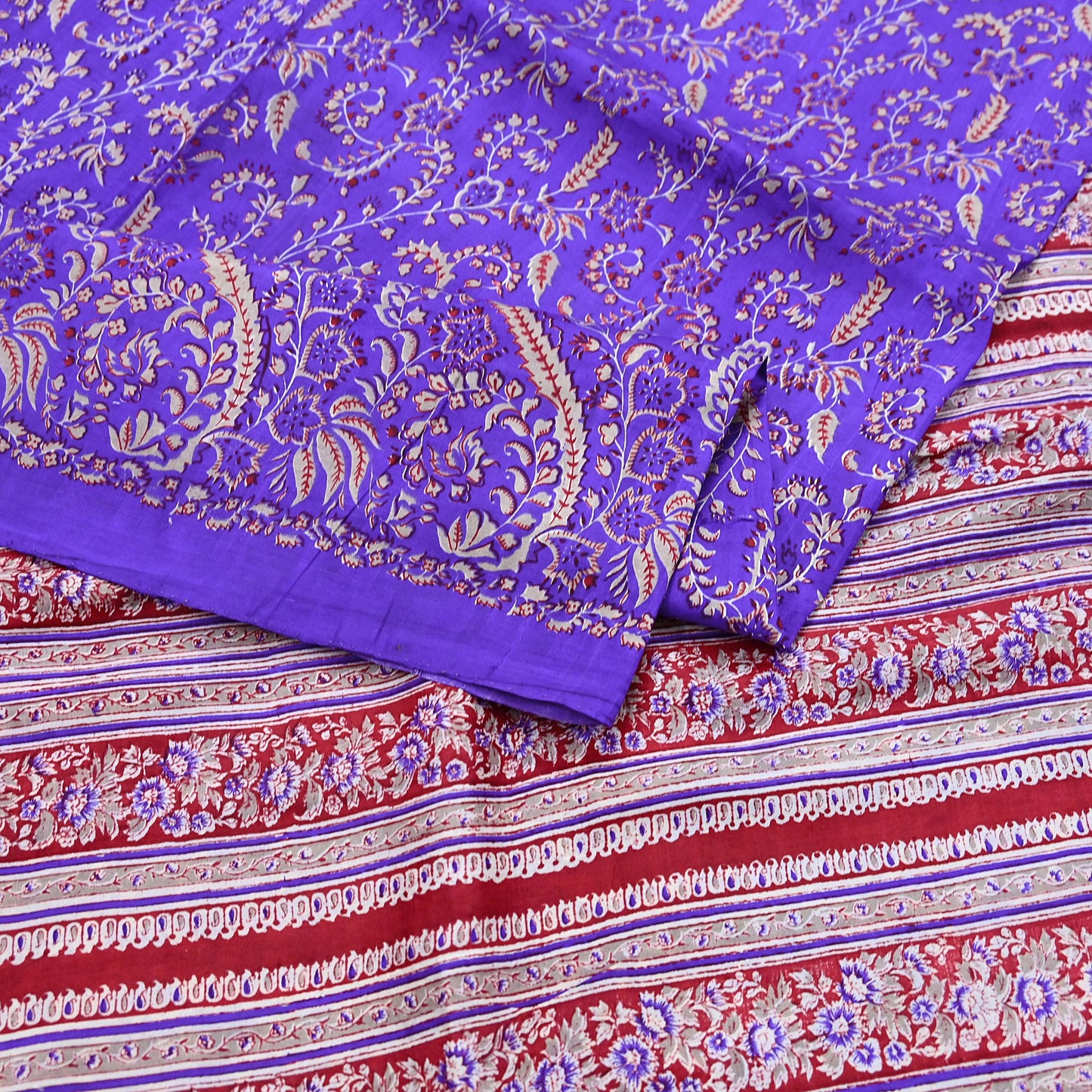 Indian Vintage Red & Purple Pure Silk Printed Saree 5Yards Soft Floral Fabric for Dressmaking, Quilting, Crafting, Sewing, Dress Making