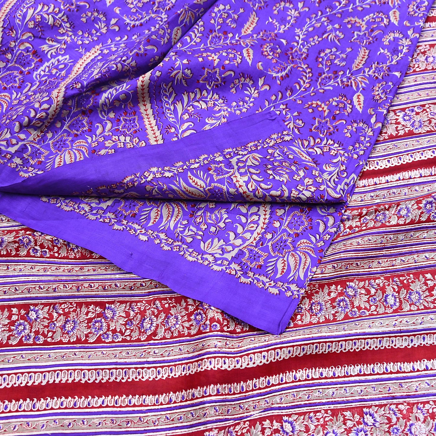 Indian Vintage Red & Purple Pure Silk Printed Saree 5Yards Soft Floral Fabric for Dressmaking, Quilting, Crafting, Sewing, Dress Making