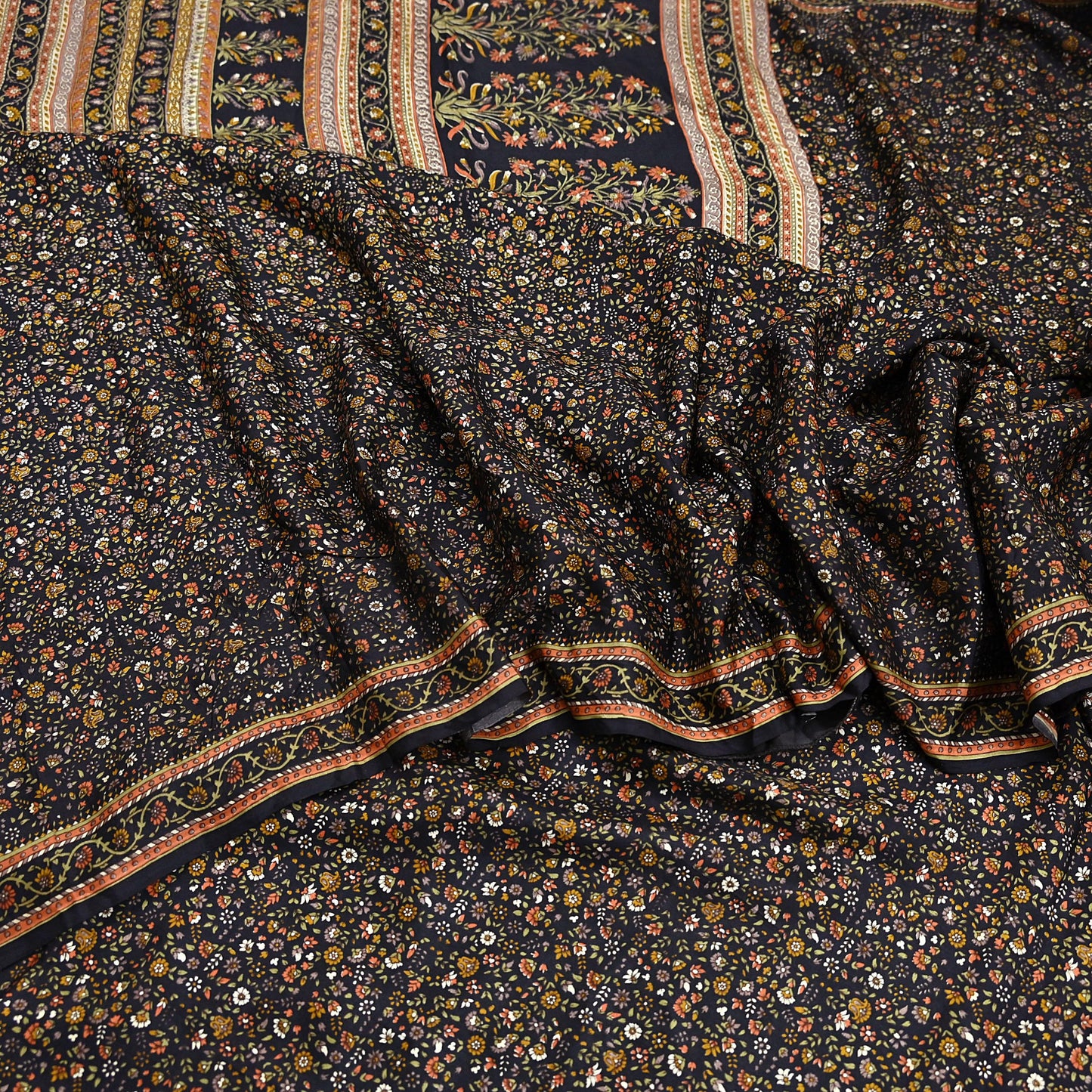 Vintage Sari Black Pure Silk Printed Saree Craft Fabric 6yard Sewing Floral Soft Dress Designing for Crafting Upcycle Quilting