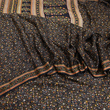 Vintage Sari Black Pure Silk Printed Saree Craft Fabric 6yard Sewing Floral Soft Dress Designing for Crafting Upcycle Quilting