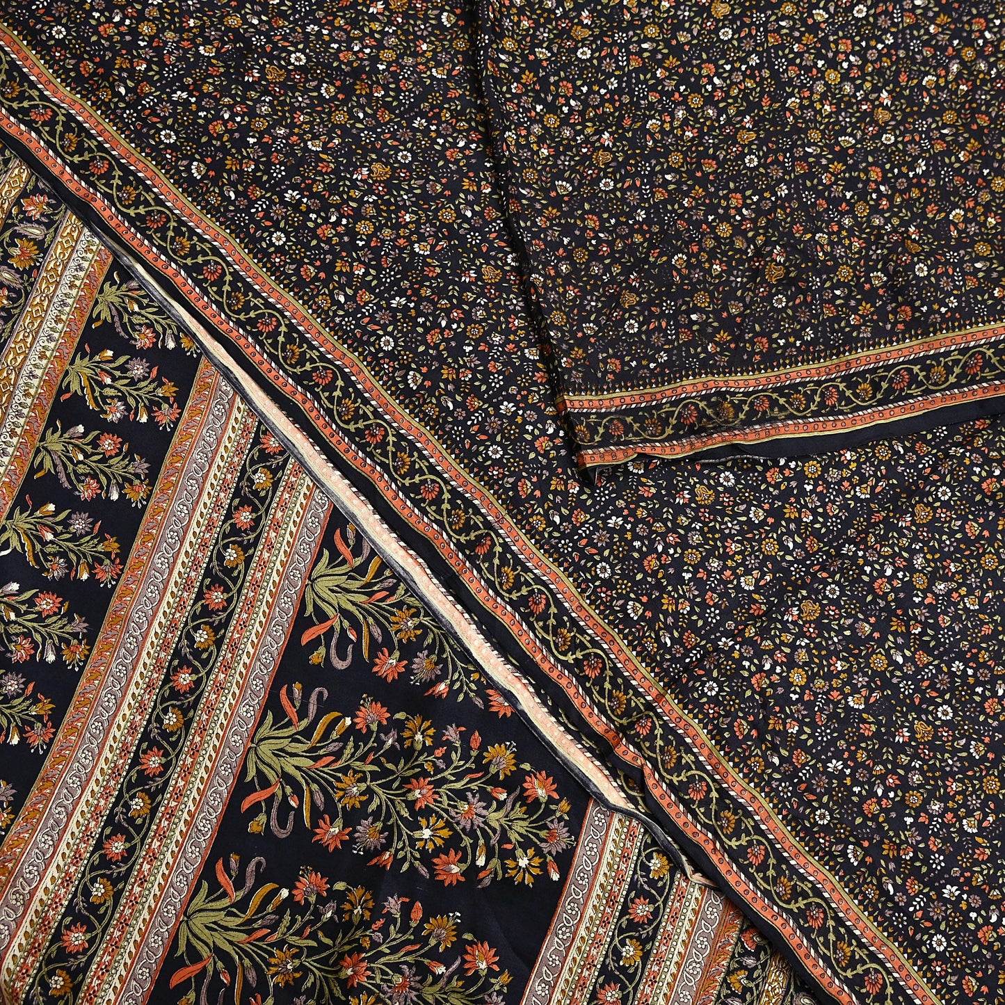 Vintage Sari Black Pure Silk Printed Saree Craft Fabric 6yard Sewing Floral Soft Dress Designing for Crafting Upcycle Quilting