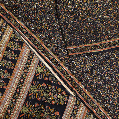 Vintage Sari Black Pure Silk Printed Saree Craft Fabric 6yard Sewing Floral Soft Dress Designing for Crafting Upcycle Quilting