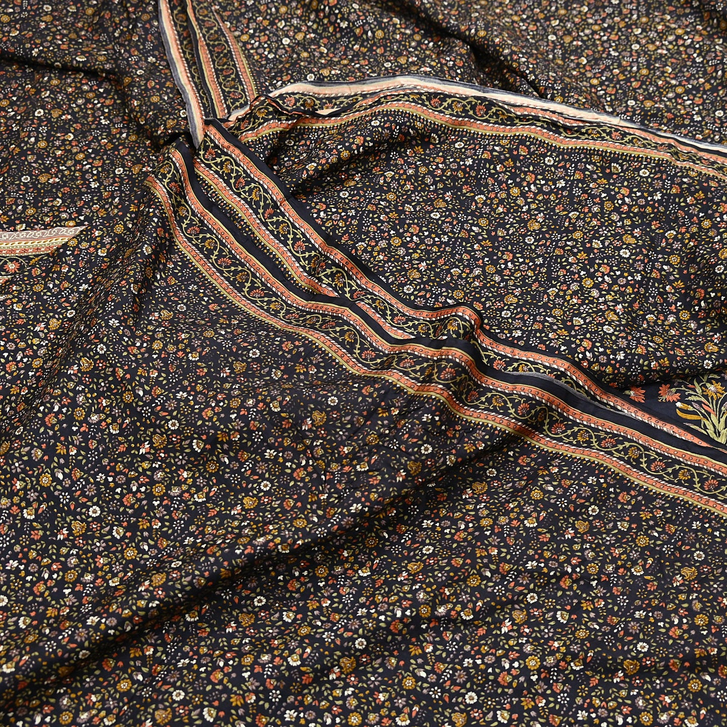 Vintage Sari Black Pure Silk Printed Saree Craft Fabric 6yard Sewing Floral Soft Dress Designing for Crafting Upcycle Quilting