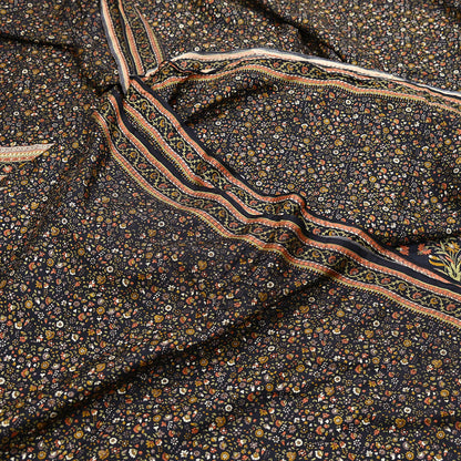 Vintage Sari Black Pure Silk Printed Saree Craft Fabric 6yard Sewing Floral Soft Dress Designing for Crafting Upcycle Quilting