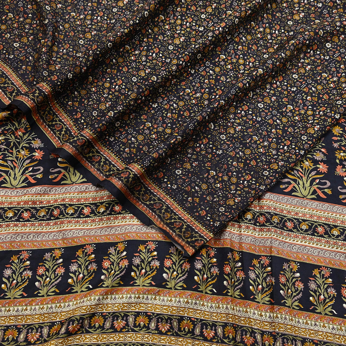 Vintage Sari Black Pure Silk Printed Saree Craft Fabric 6yard Sewing Floral Soft Dress Designing for Crafting Upcycle Quilting