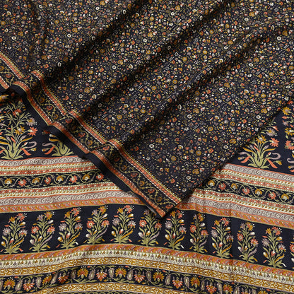 Vintage Sari Black Pure Silk Printed Saree Craft Fabric 6yard Sewing Floral Soft Dress Designing for Crafting Upcycle Quilting
