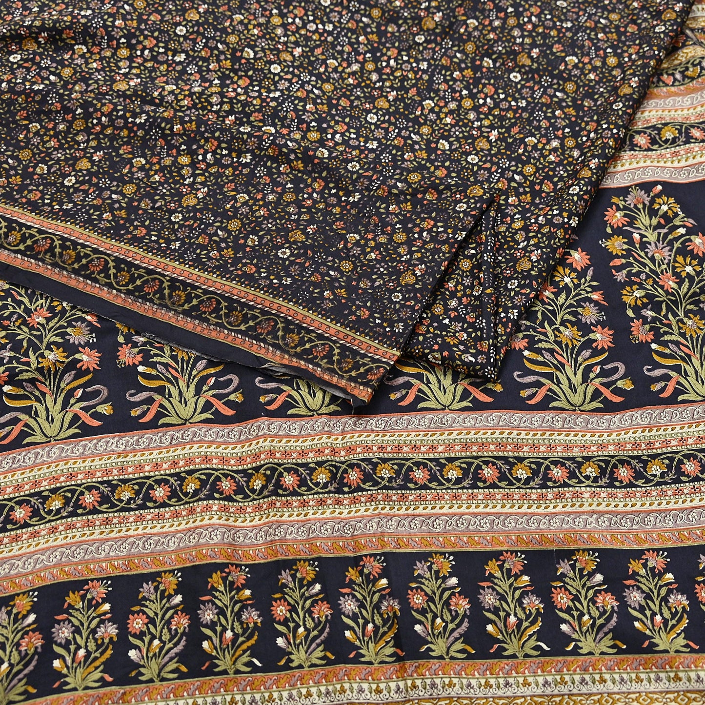 Vintage Sari Black Pure Silk Printed Saree Craft Fabric 6yard Sewing Floral Soft Dress Designing for Crafting Upcycle Quilting