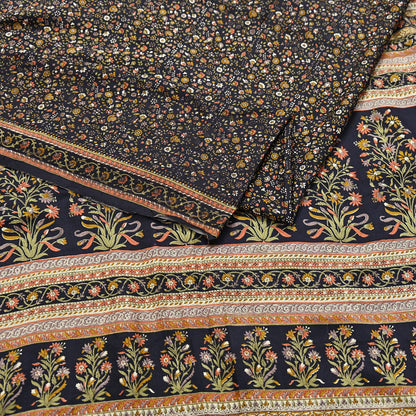 Vintage Sari Black Pure Silk Printed Saree Craft Fabric 6yard Sewing Floral Soft Dress Designing for Crafting Upcycle Quilting