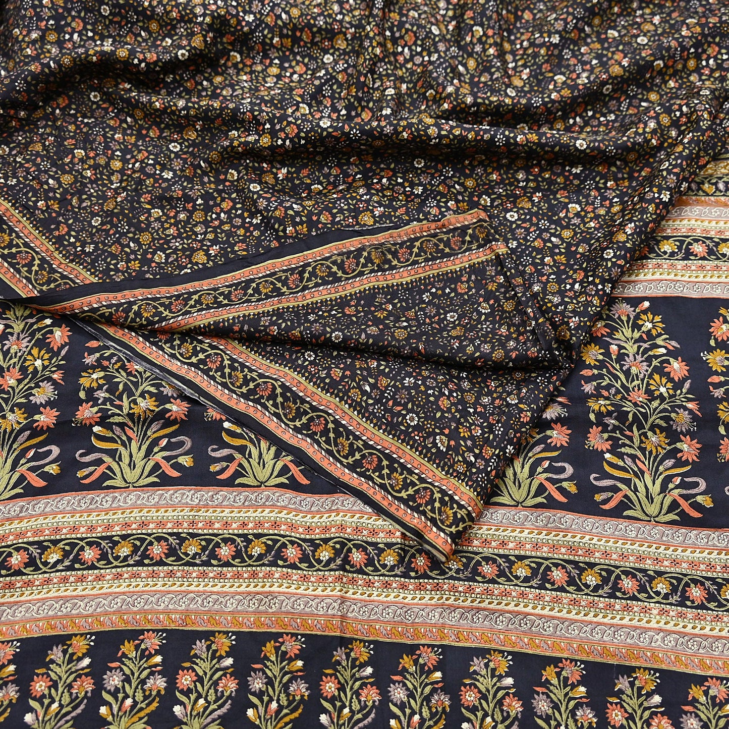 Vintage Sari Black Pure Silk Printed Saree Craft Fabric 6yard Sewing Floral Soft Dress Designing for Crafting Upcycle Quilting