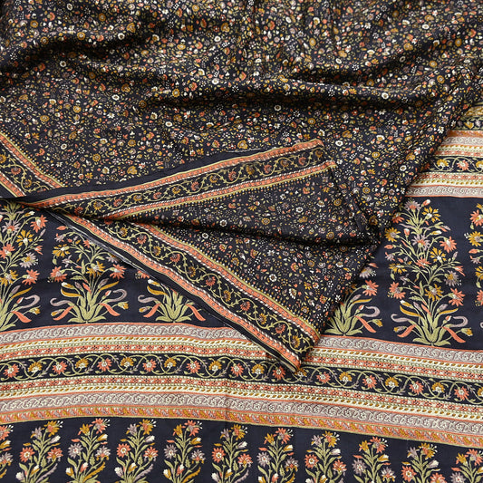 Vintage Sari Black Pure Silk Printed Saree Craft Fabric 6yard Sewing Floral Soft Dress Designing for Crafting Upcycle Quilting