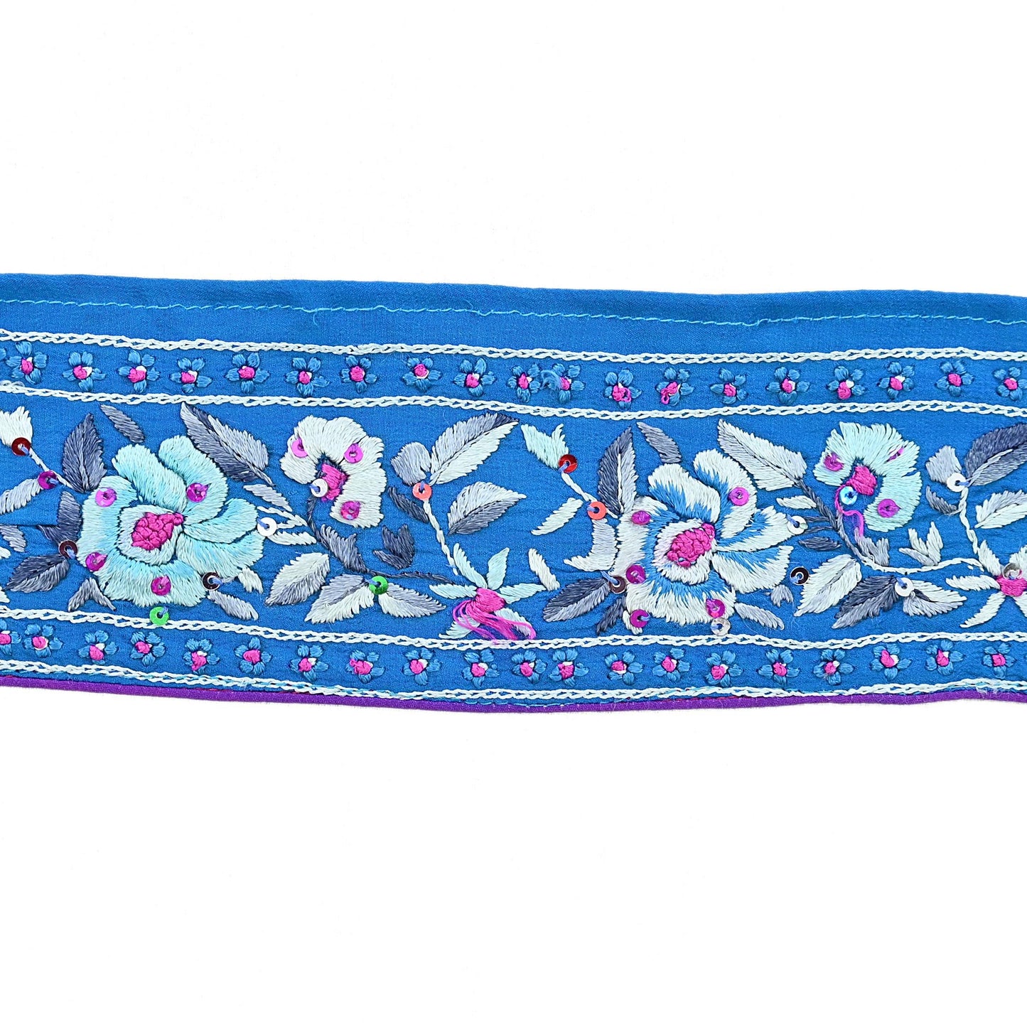 Indian Antique Vintage Real Parsi Gara Border Blue Hand Embroidered Craft Trim Lace Sewing Saree Ribbon Recycled 1yard Pure Crepe Silk