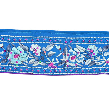 Indian Antique Vintage Real Parsi Gara Border Blue Hand Embroidered Craft Trim Lace Sewing Saree Ribbon Recycled 1yard Pure Crepe Silk