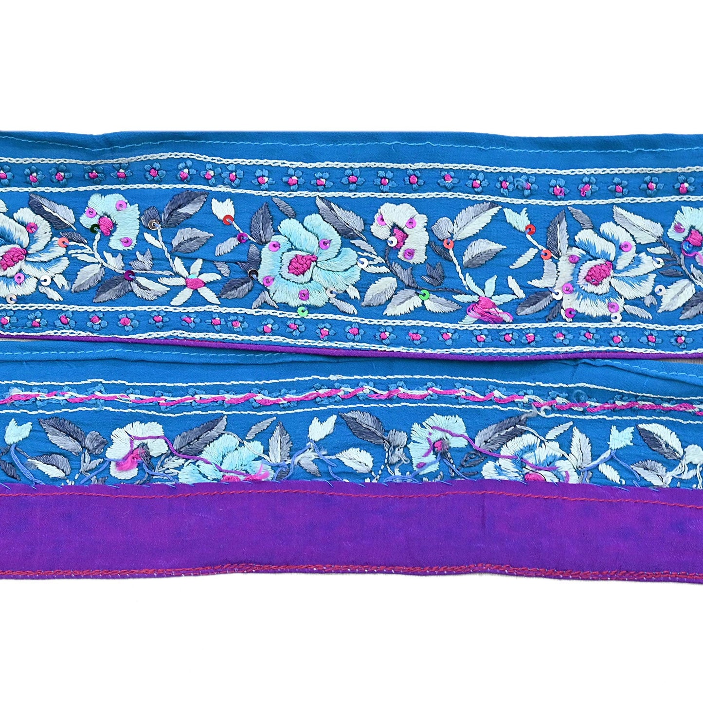 Indian Antique Vintage Real Parsi Gara Border Blue Hand Embroidered Craft Trim Lace Sewing Saree Ribbon Recycled 1yard Pure Crepe Silk