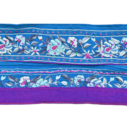 Indian Antique Vintage Real Parsi Gara Border Blue Hand Embroidered Craft Trim Lace Sewing Saree Ribbon Recycled 1yard Pure Crepe Silk