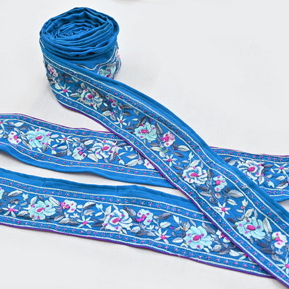 Indian Antique Vintage Real Parsi Gara Border Blue Hand Embroidered Craft Trim Lace Sewing Saree Ribbon Recycled 1yard Pure Crepe Silk