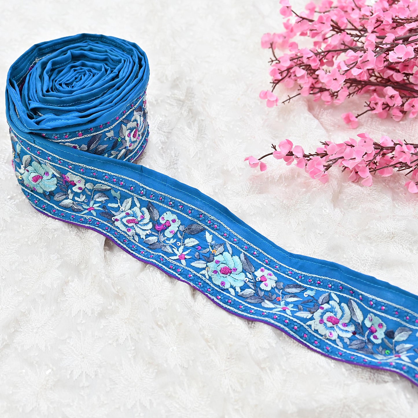 Indian Antique Vintage Real Parsi Gara Border Blue Hand Embroidered Craft Trim Lace Sewing Saree Ribbon Recycled 1yard Pure Crepe Silk