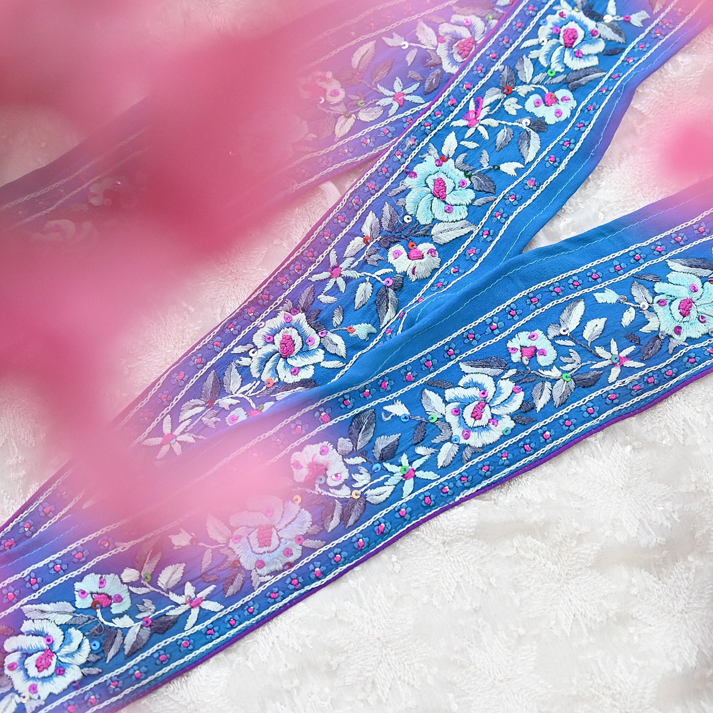 Indian Antique Vintage Real Parsi Gara Border Blue Hand Embroidered Craft Trim Lace Sewing Saree Ribbon Recycled 1yard Pure Crepe Silk