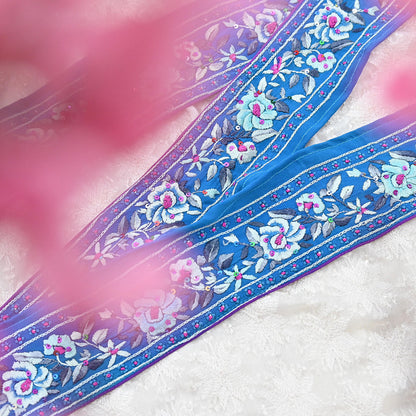 Indian Antique Vintage Real Parsi Gara Border Blue Hand Embroidered Craft Trim Lace Sewing Saree Ribbon Recycled 1yard Pure Crepe Silk