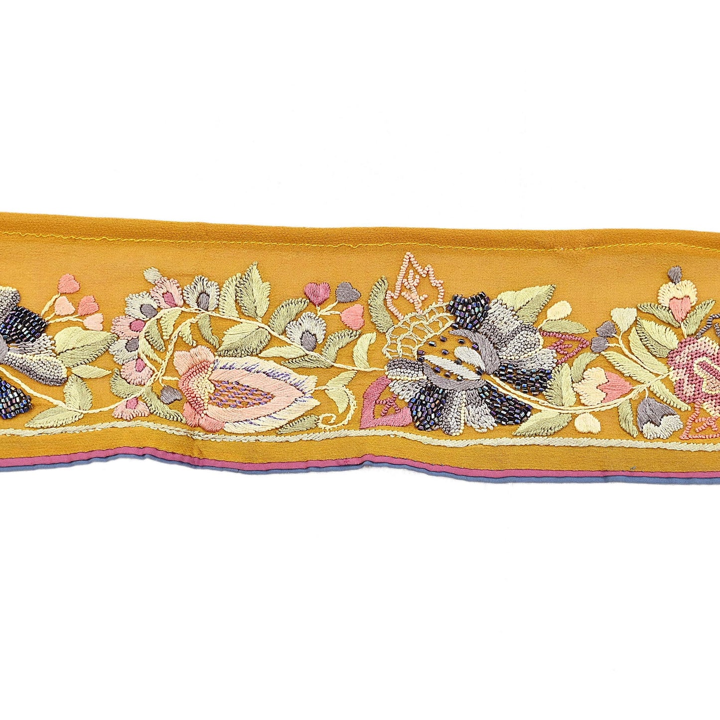 Indian Antique Vintage Real Parsi Gara Border Hand Embroidered Craft Trim Lace Sewing Saree Ribbon Recycled 1yard Pure Georgette Silk