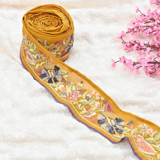 Indian Antique Vintage Real Parsi Gara Border Hand Embroidered Craft Trim Lace Sewing Saree Ribbon Recycled 1yard Pure Georgette Silk