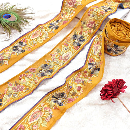Indian Antique Vintage Real Parsi Gara Border Hand Embroidered Craft Trim Lace Sewing Saree Ribbon Recycled 1yard Pure Georgette Silk