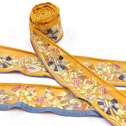 Indian Antique Vintage Real Parsi Gara Border Hand Embroidered Craft Trim Lace Sewing Saree Ribbon Recycled 1yard Pure Georgette Silk