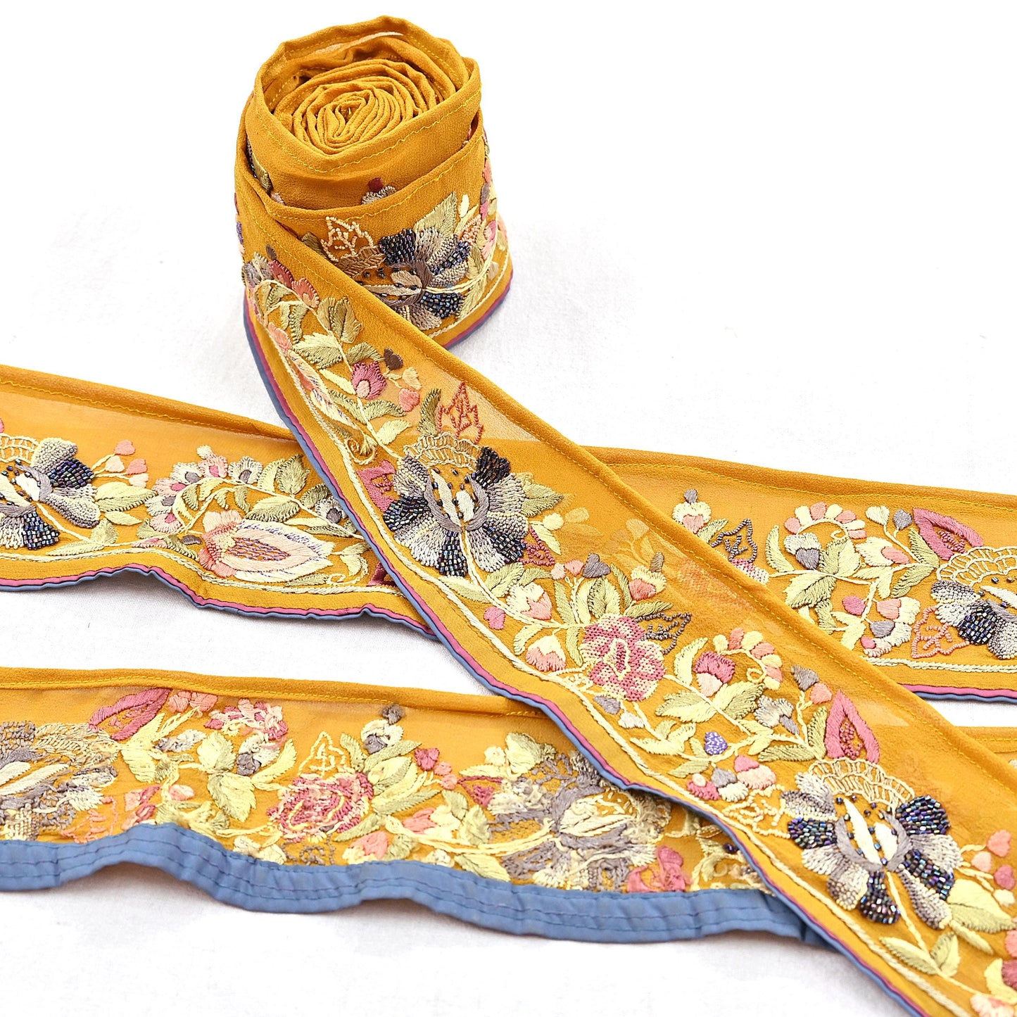 Indian Antique Vintage Real Parsi Gara Border Hand Embroidered Craft Trim Lace Sewing Saree Ribbon Recycled 1yard Pure Georgette Silk