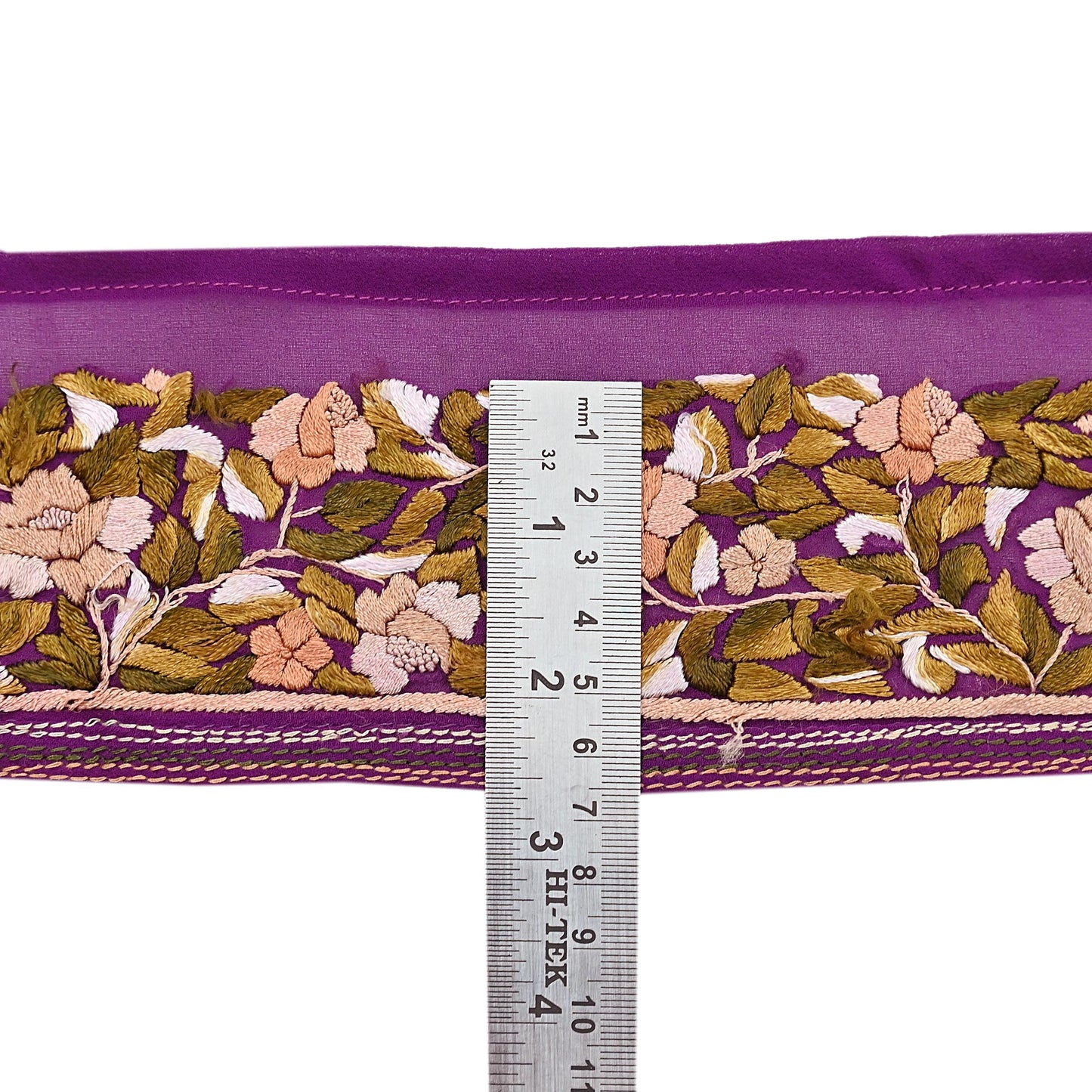 Indian Antique Vintage Real Parsi Gara Border Purple Hand Embroidered Craft Trim Lace Sewing Saree Ribbon Recycled 1yard Pure Georgette Silk