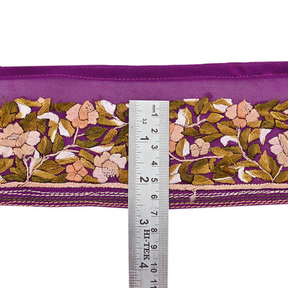 Indian Antique Vintage Real Parsi Gara Border Purple Hand Embroidered Craft Trim Lace Sewing Saree Ribbon Recycled 1yard Pure Georgette Silk