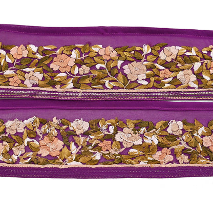 Indian Antique Vintage Real Parsi Gara Border Purple Hand Embroidered Craft Trim Lace Sewing Saree Ribbon Recycled 1yard Pure Georgette Silk