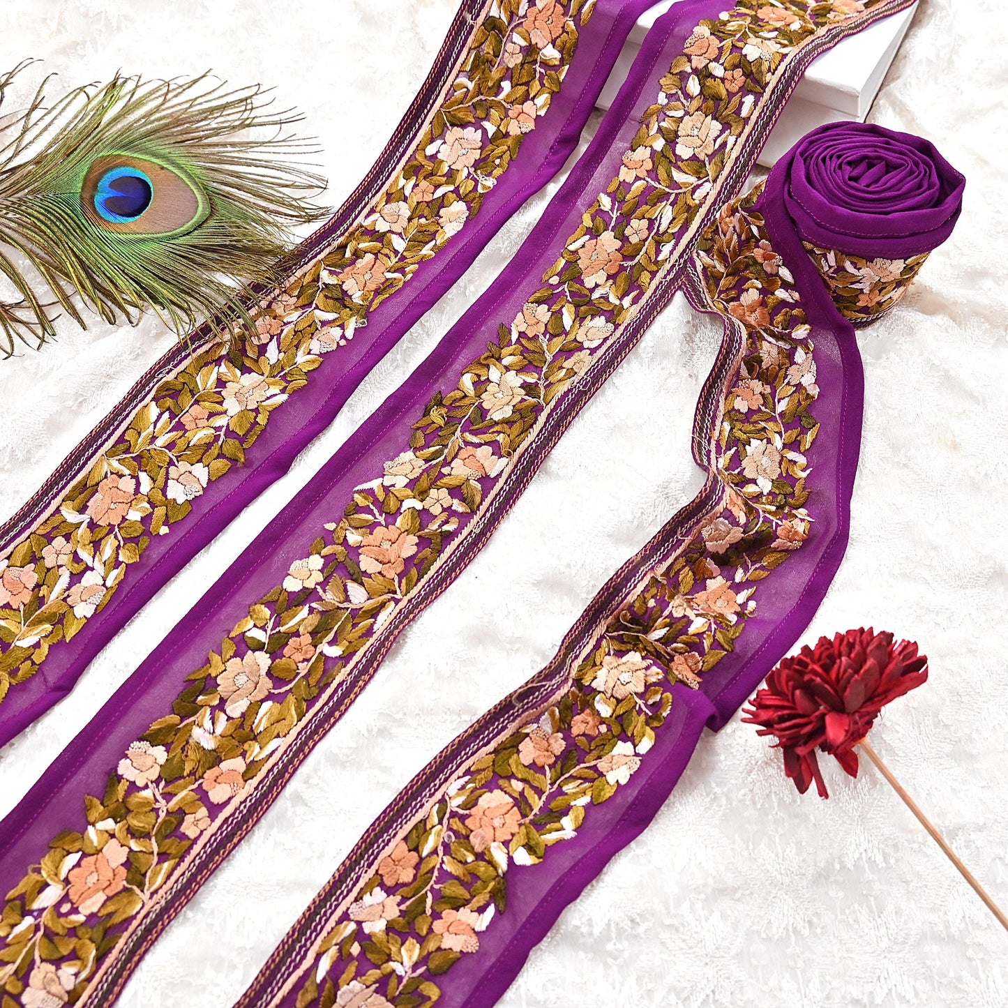 Indian Antique Vintage Real Parsi Gara Border Purple Hand Embroidered Craft Trim Lace Sewing Saree Ribbon Recycled 1yard Pure Georgette Silk