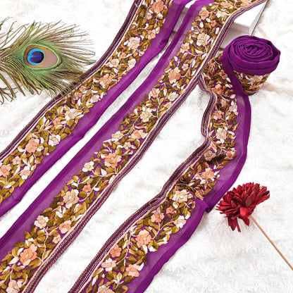 Indian Antique Vintage Real Parsi Gara Border Purple Hand Embroidered Craft Trim Lace Sewing Saree Ribbon Recycled 1yard Pure Georgette Silk